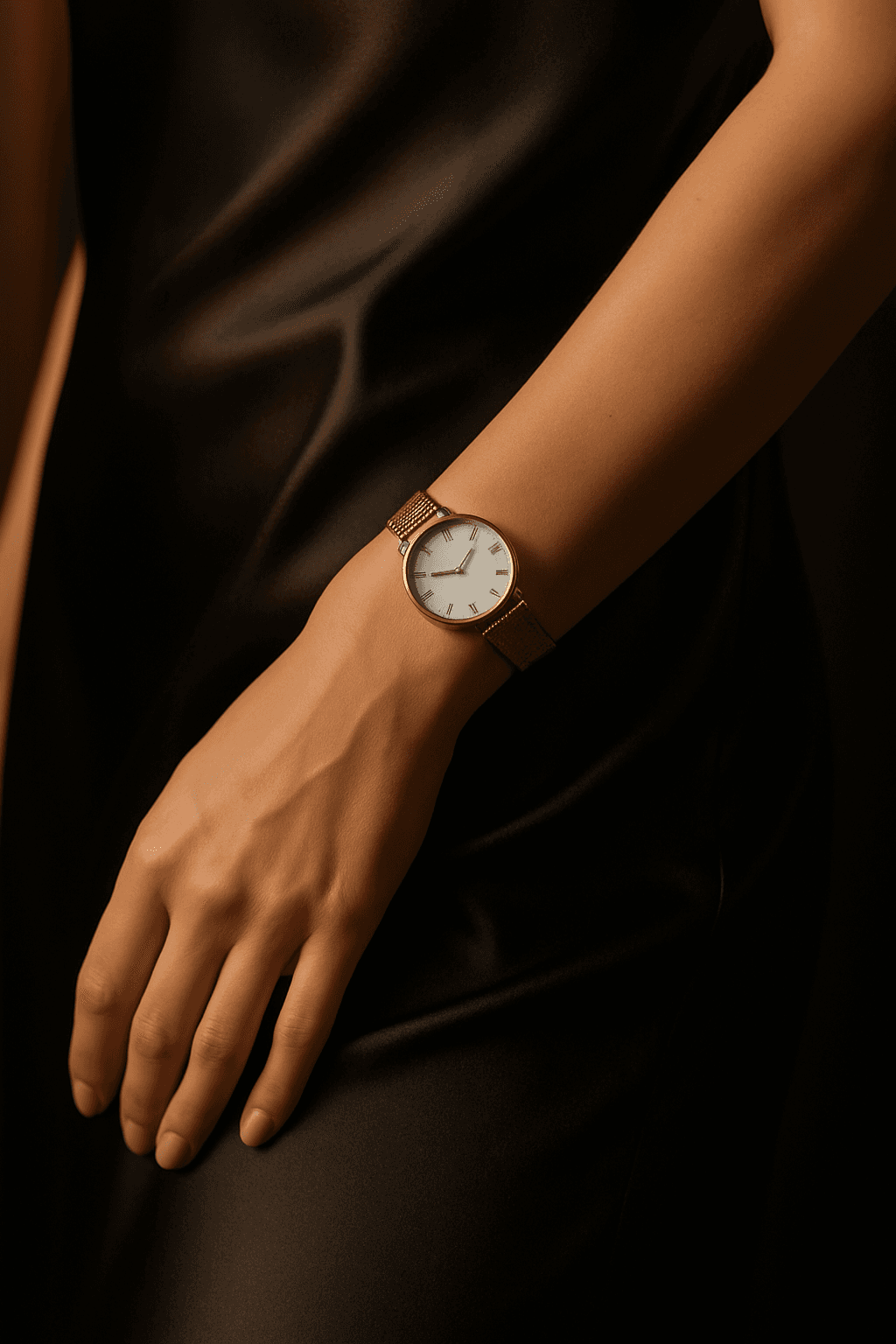 A woman's wrist wearing a rose gold Kalonda watch