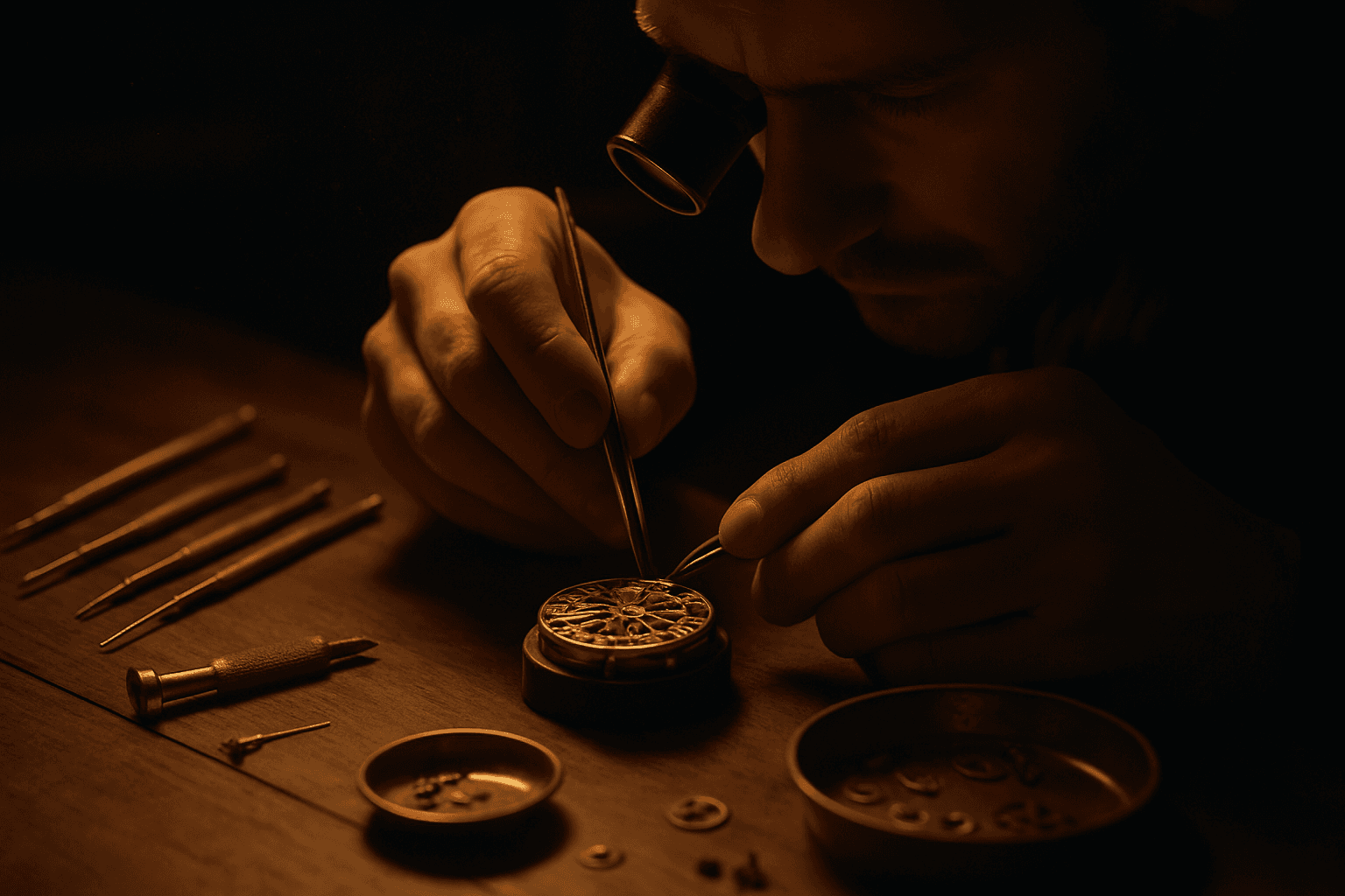 A watchmaker assembling a movement at the bench